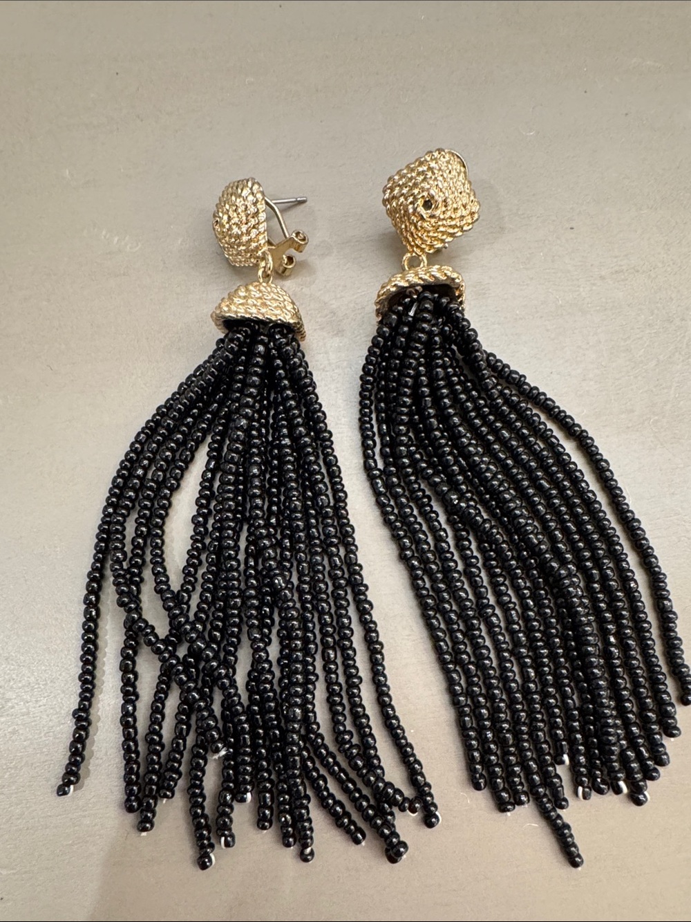 Black Beaded Tassel Drop Earrings with Gold Tops - Women Jewelry